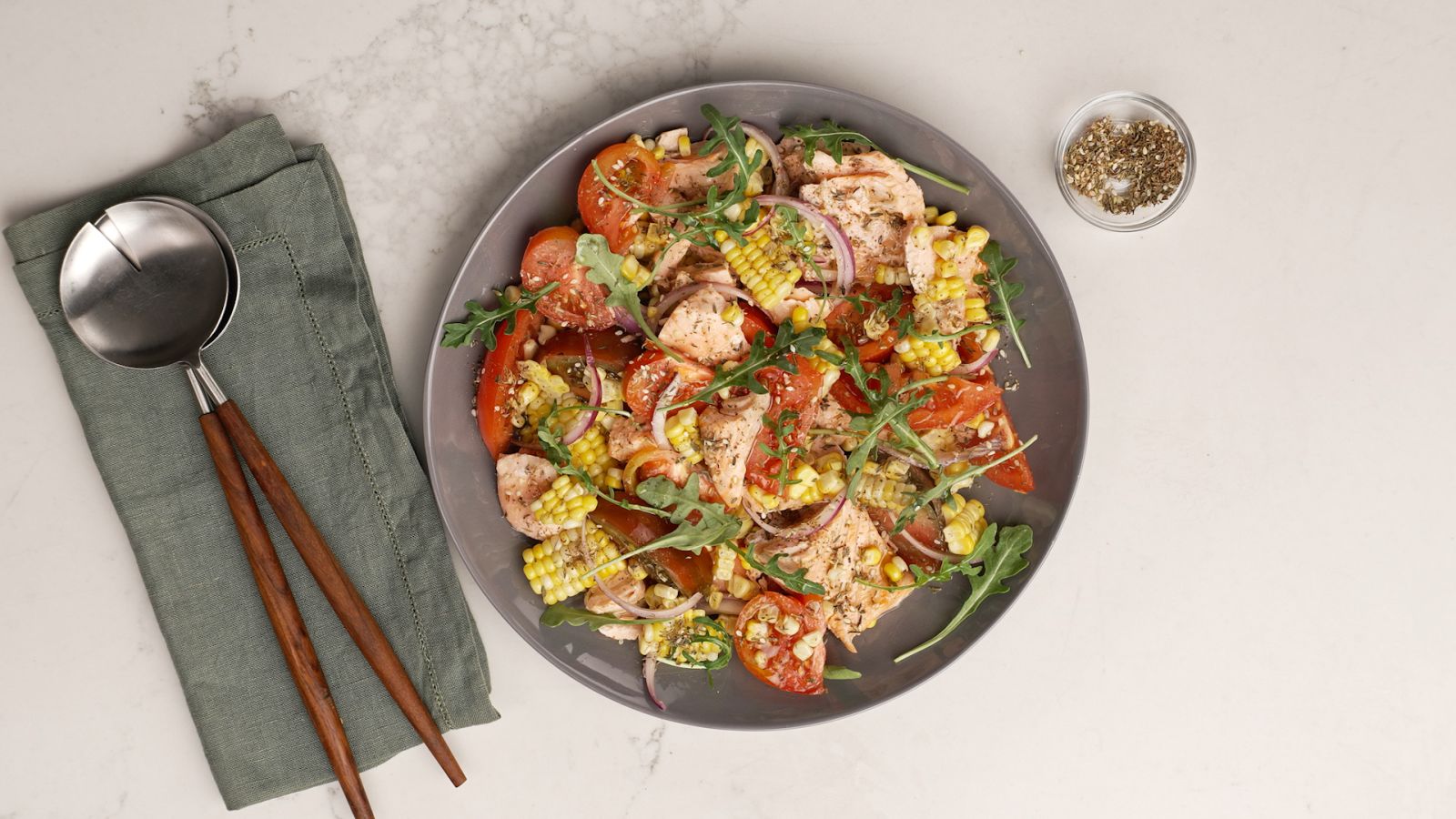 Summer Corn, Tomato, and Salmon Salad with Za'atar Dressing