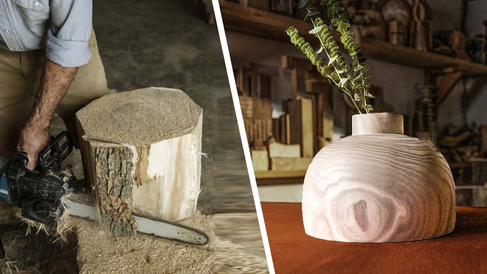 Woodturner Carves a Log Into a Vase From Start To Finish