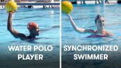 Synchronized Swimmers Try To Keep Up With Water Polo Players