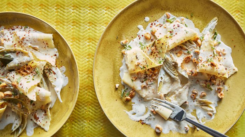 Pasta with Baby Artichokes, Mascarpone, and Hazelnuts