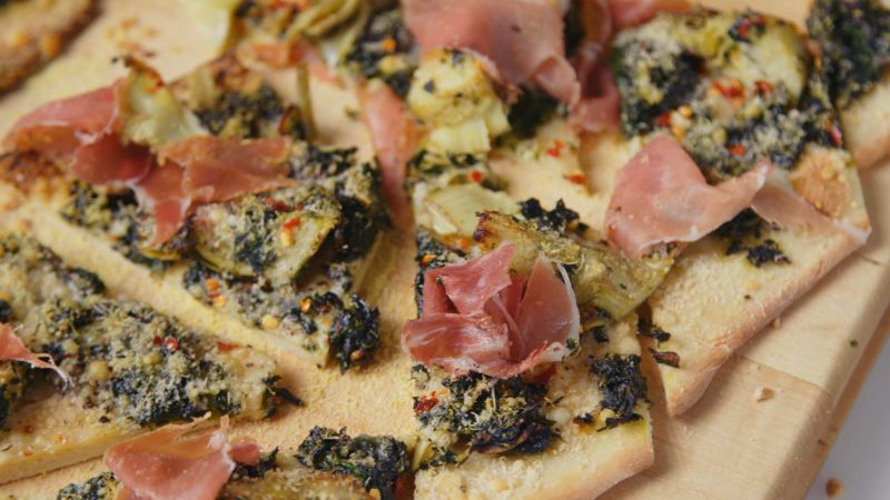 Artichoke-Spinach and Prosciutto Flatbreads with Spicy Honey