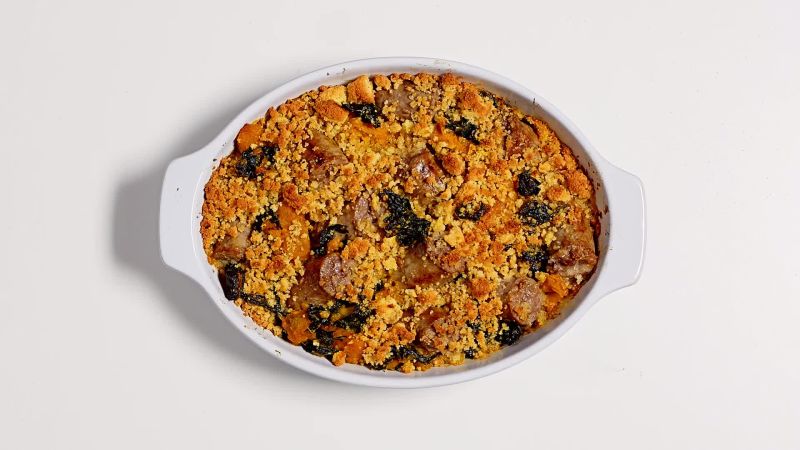 Sheet Pan Sausage, Potato, and Greens Gratin with Buttered Breadcrumbs