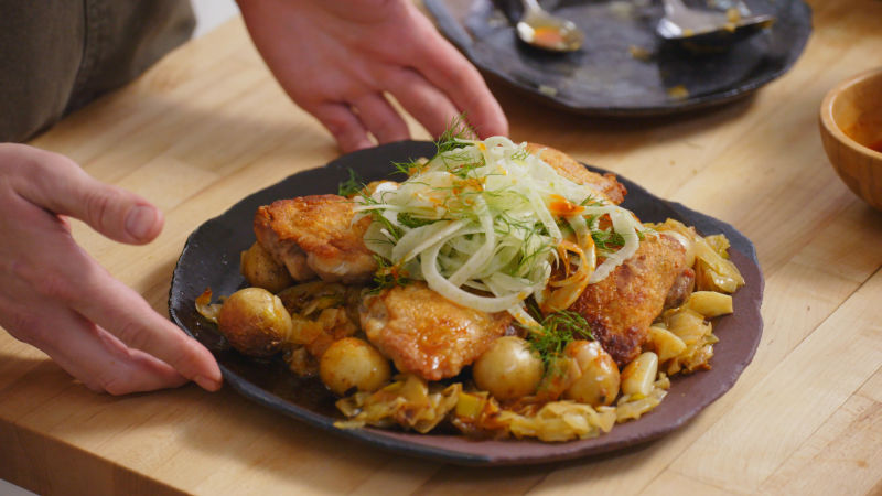One-Skillet Crispy Chicken Thighs with Fennel and Harissa