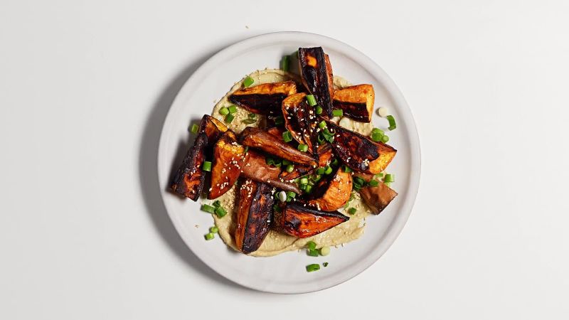 Roasted Sweet Potatoes with Miso-Tahini Sauce