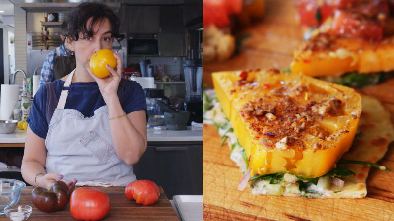 Carla Makes Falafel-Spiced Tomatoes and Chickpeas on Flatbread