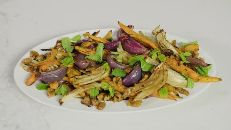 Roasted Carrots and Red Onions with Pecans, Fennel and Mint