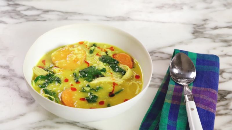 Tumeric-Ginger Chicken, Rice, and Sweet Potato Soup