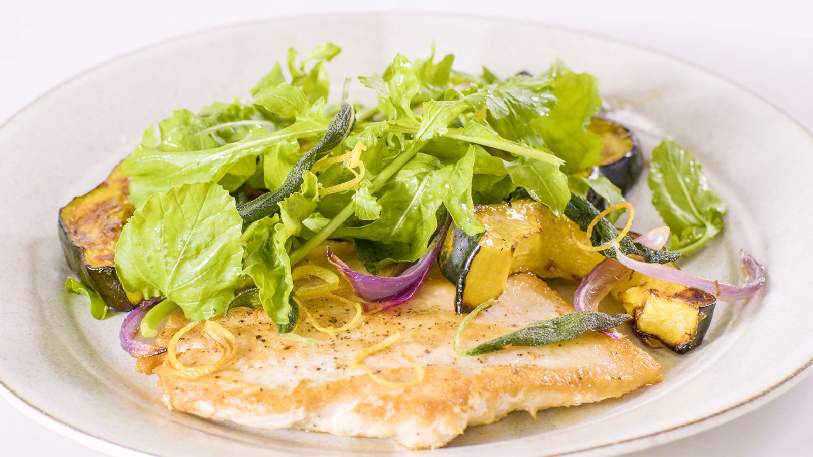 Chicken Paillards with Acorn Squash and Arugula Salad