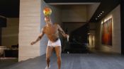 Human Statue Cristiano Ronaldo Juggles a Soccer Ball in his Underwear
