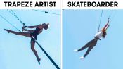 Skateboarders Try to Keep Up With Trapeze Artists