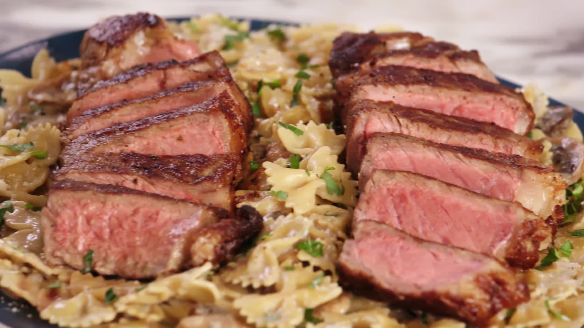 Watch Seared Strip Steaks with Mushroom Farfalle Bon Appétit