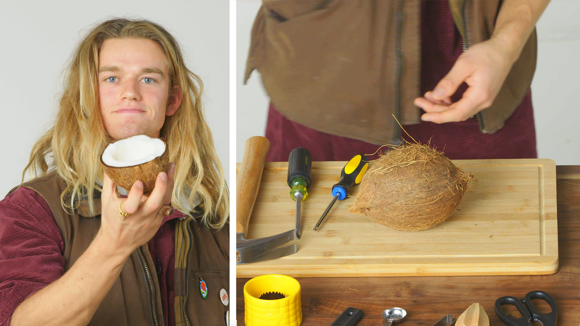 Watch 50 People Try to Crack a Coconut Basic Skills Challenge