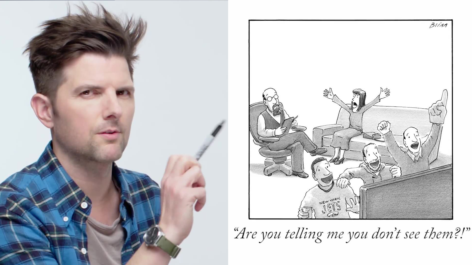 Watch How to Write a New Yorker Cartoon Caption: Adam Scott Edition