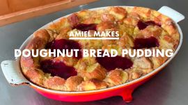 Amiel Makes Doughnut Bread Pudding at Home